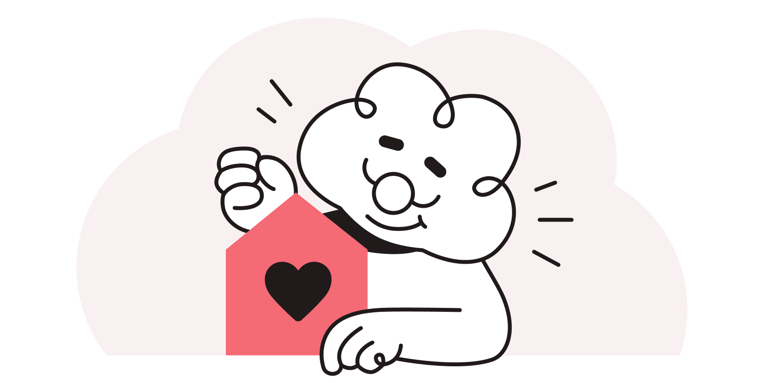 Smiling cartoon mascot hugging house with heart.