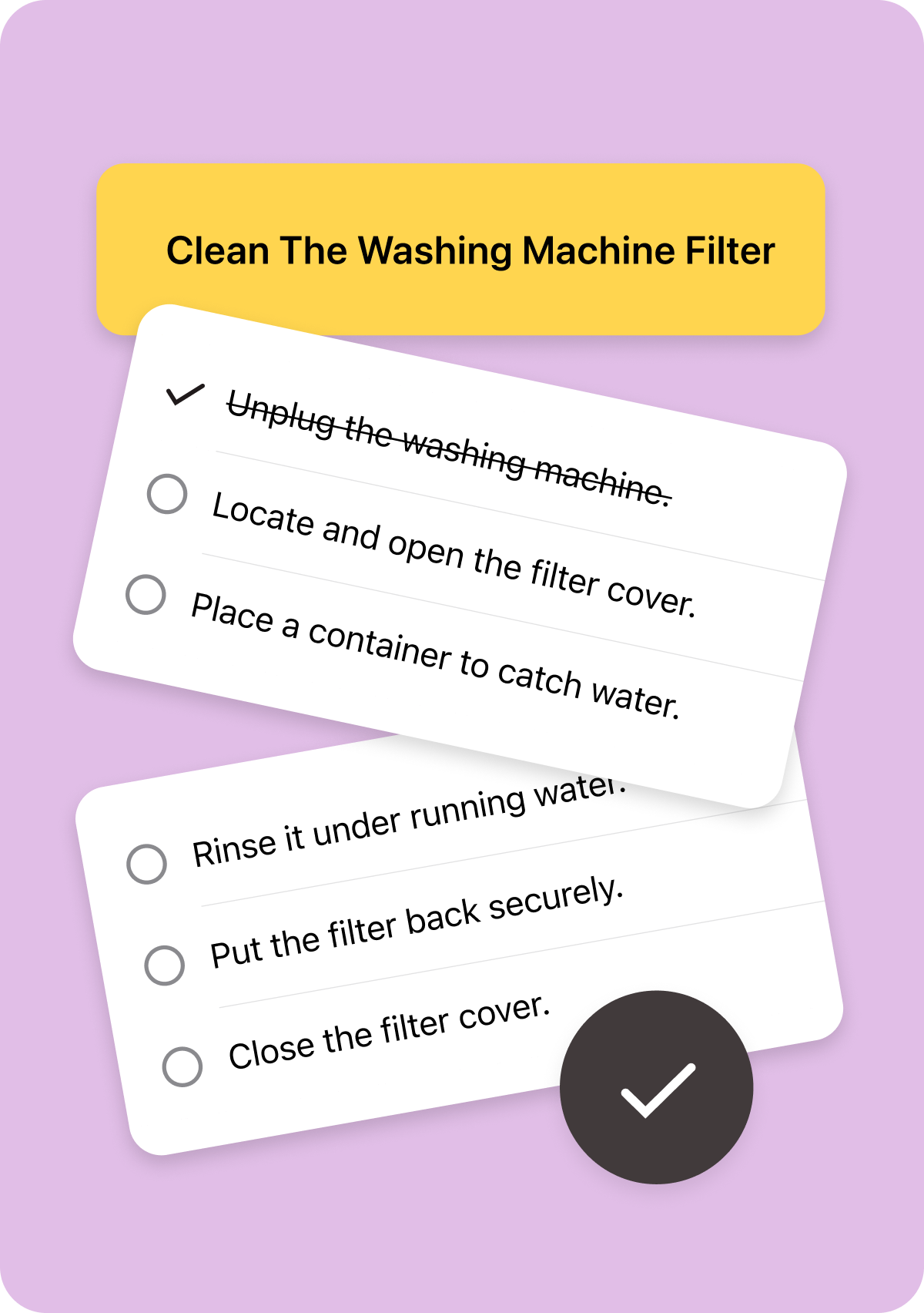 Steps for task "clean washing machine filter"