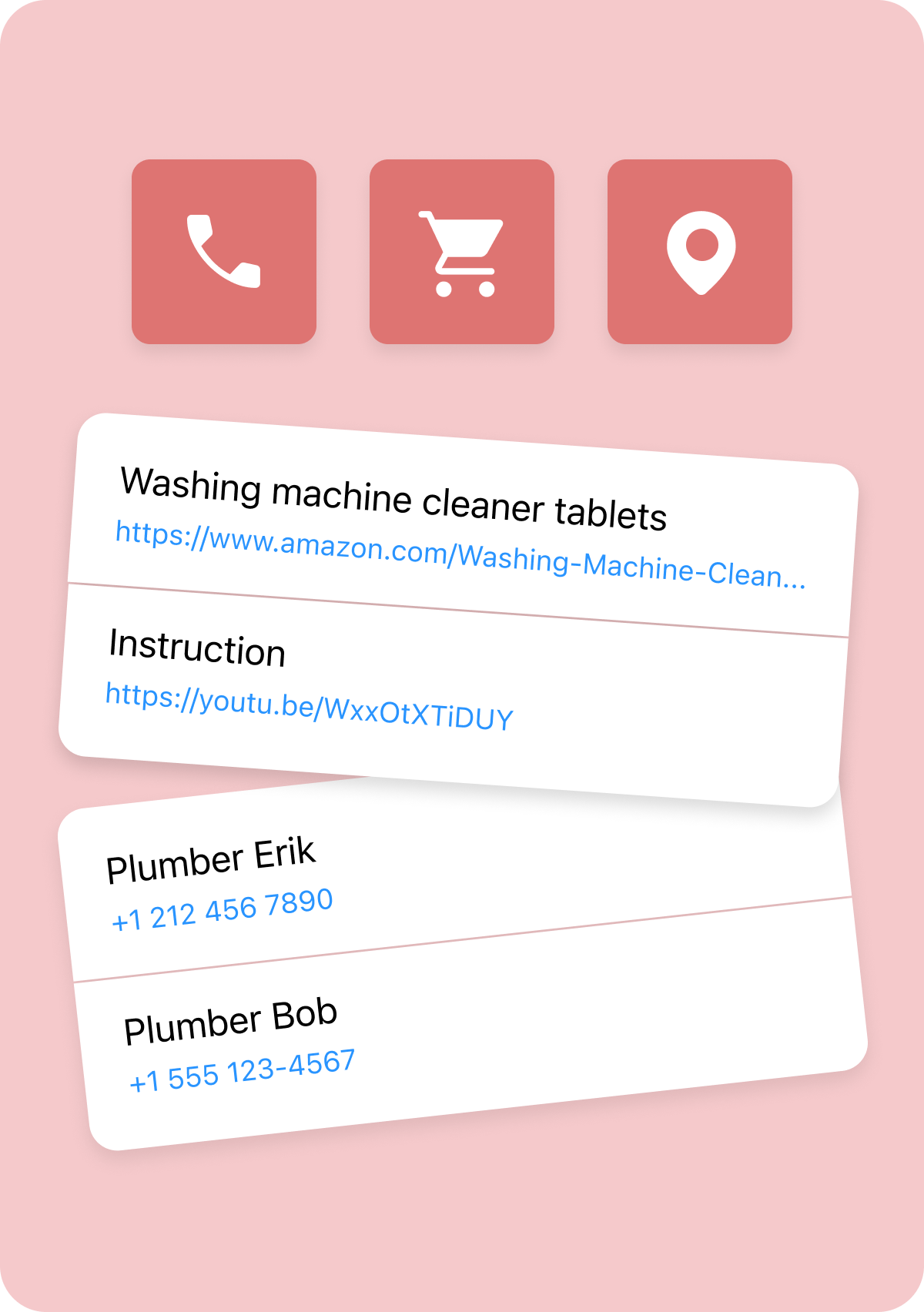 Plumber phone number and links to buy supplies for washing machine.